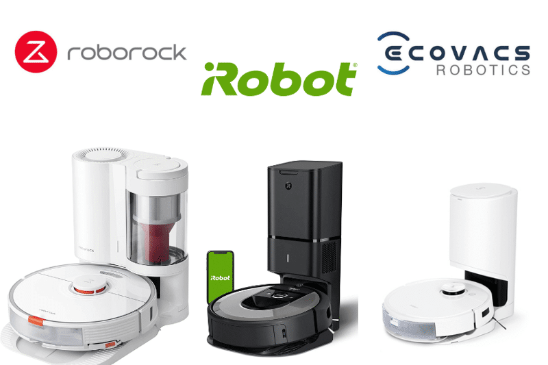 Die Saugroboter mit Absaugstation der Hersteller Roborock, iRobot und Ecovacs stehen neben einander